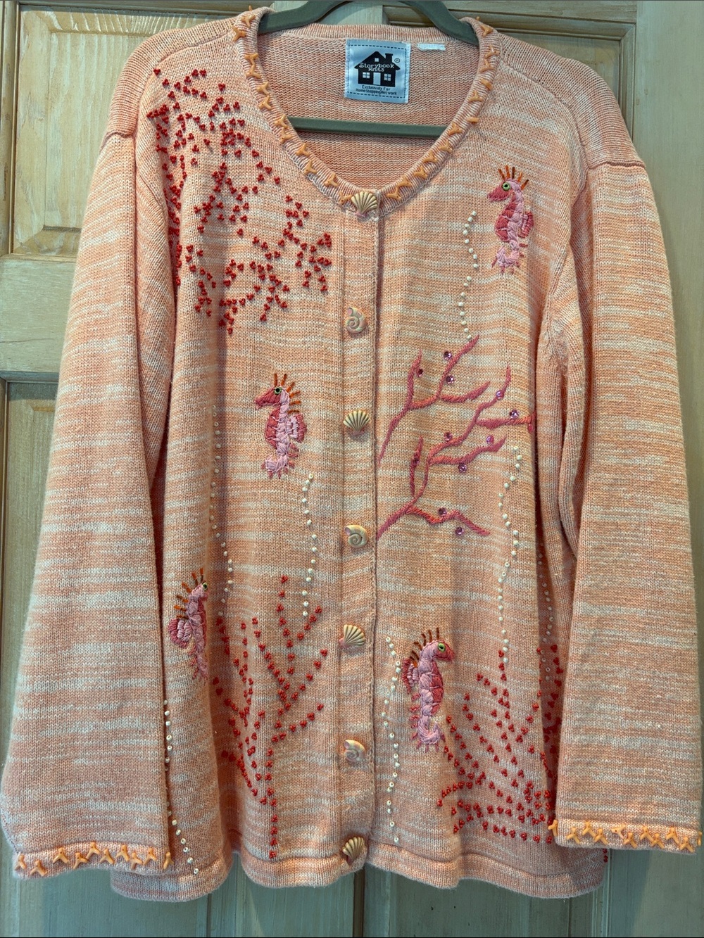 Vintage Storybook Knits Peach Seahorse and Coral Embroidered Sweater Size 1X